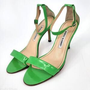 Manolo Blahnik Green Patent Leather Ankle Strap Sandals 37.5 (US 7–7.5)